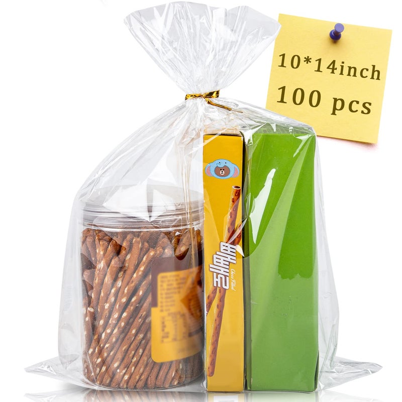 CUDICY 100pcs Cellophane Bags 10x14 Cellophane Wrap Goodie Bags Large Clear Gift Bags Party Favors Bags Clear Treat Bags with Ties Plastic Gift Bags Packaging Bags for Cookie Candy - Image 1